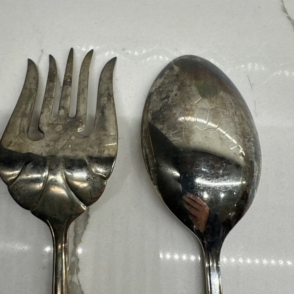 Silver Metal 2pc Serving Spoon & Fork Set Pinecone Handle, Botanical Theme